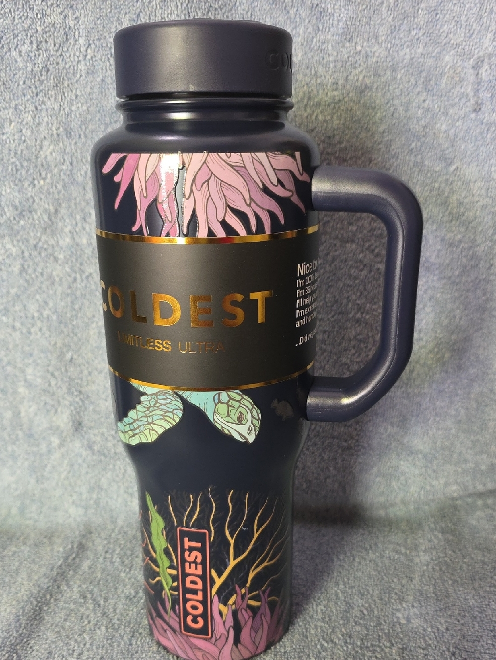 36oz Glowie Turtle Coldest Navy Blue Insulated Travel Mug  and Ocean Artwork